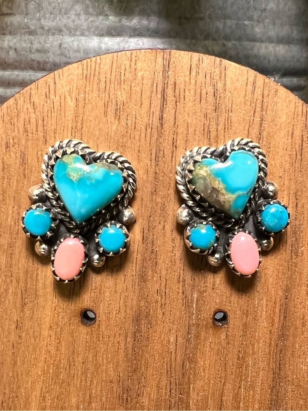 Sterling Silver Turquoise Queen Conch Heart Cluster Stud Earrings